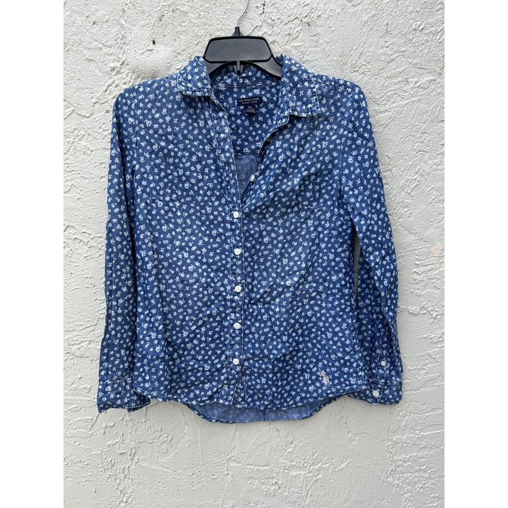 US Polo Assn Womens Blue Floral Button Down Shirt XS Long Sleeve Cotton Lyocell